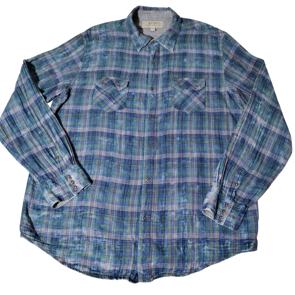 Ryan Michael Mens XXL Blue Plaid Western Snap Shirt Cotton Long Sleeve Yoke